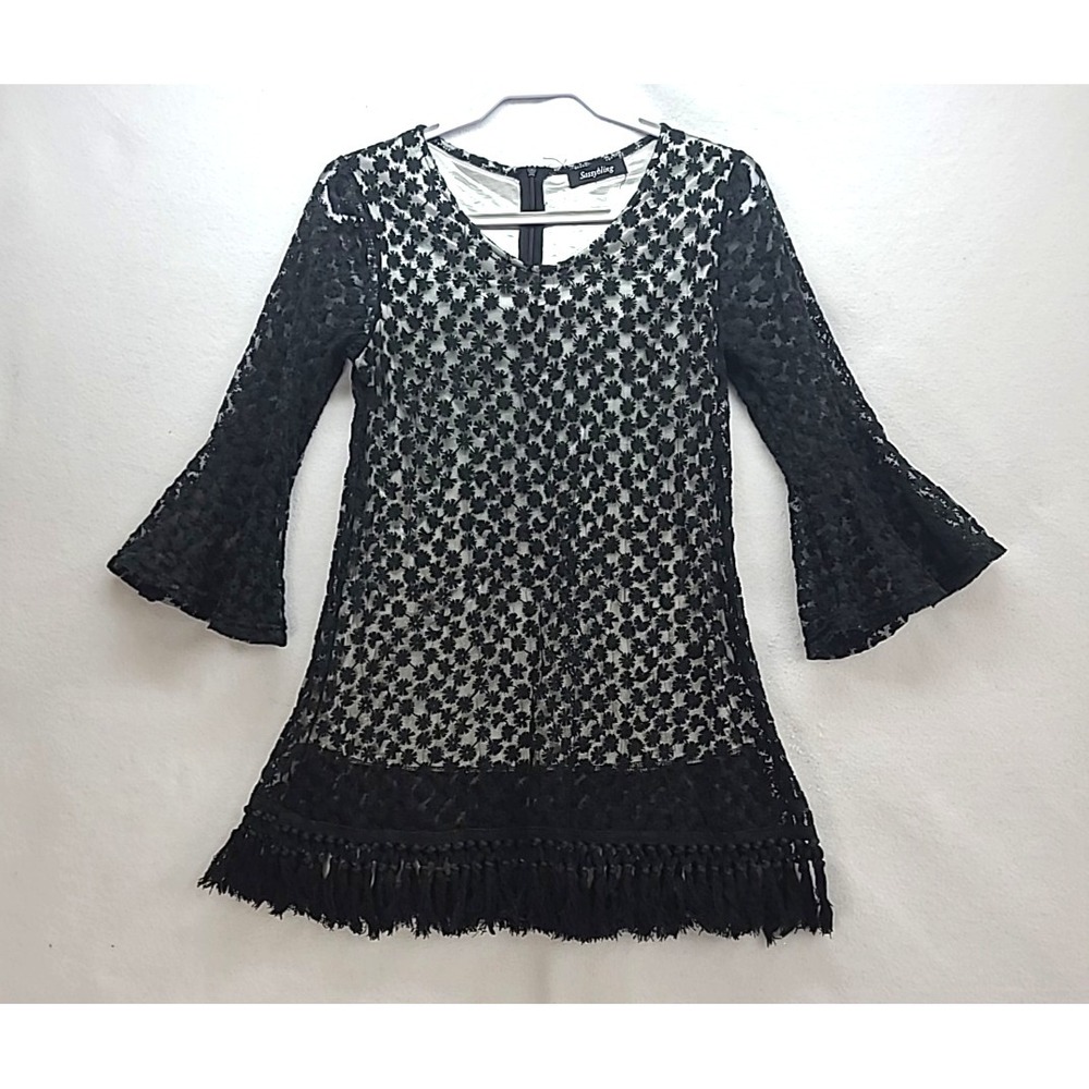 Goth Whimsigoth Mini Dress Tunic‎ Back Lace Fringe Sheer Bell Sleeves M Dark Fae